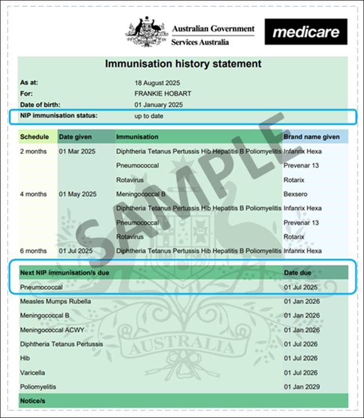 Example of an Immunisation History Statement, including NIP immunisation status and due dates for immunisation against various diseases